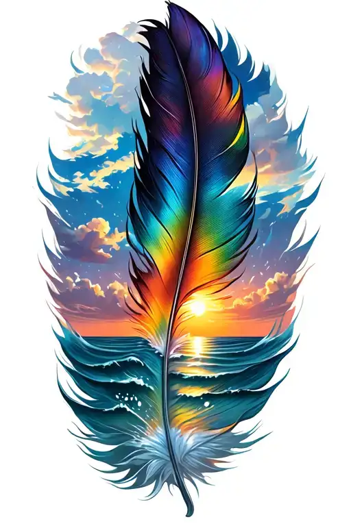 a sunset and ocean water and a rainbow/ white cloud inside a feather tattoo design idea