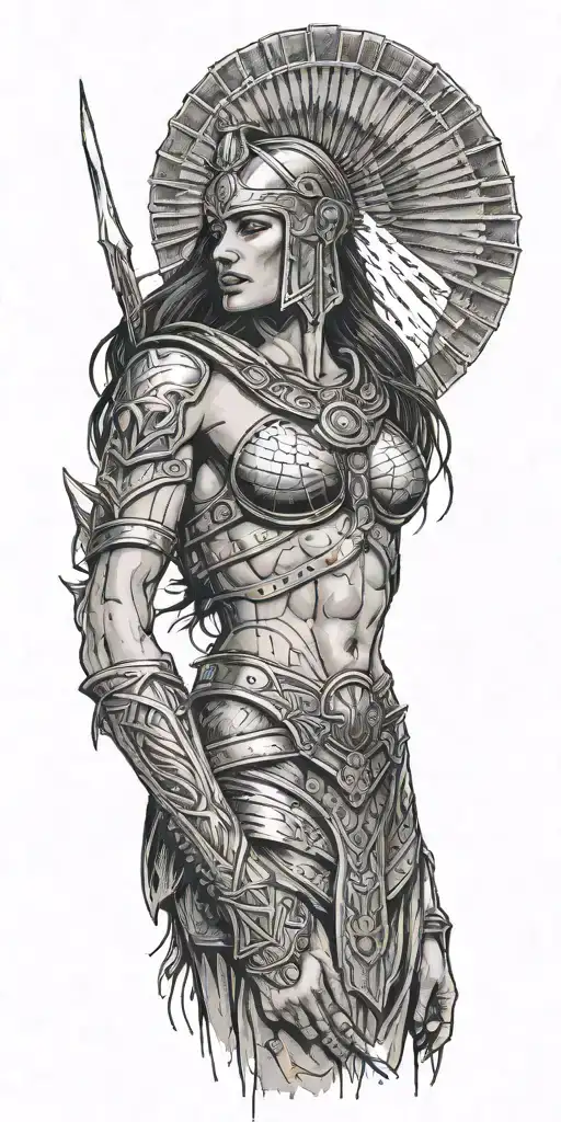 spartan woman, naked, crying, weapons tattoo design idea