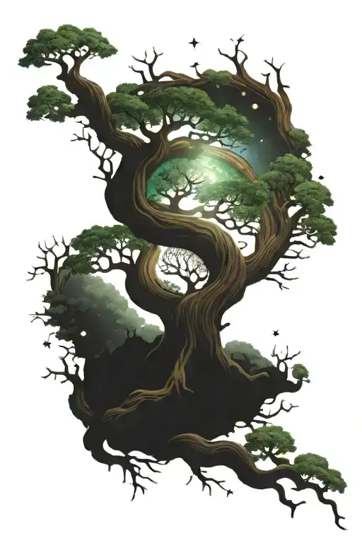 A tattoo of Yggdrasil, the World Tree, with its branches reaching into the universe and stars shining through its leaves tattoo design idea