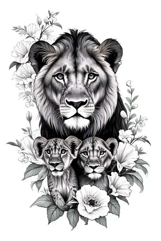 a lioness, 2 lion cubs, carnations, violets, chrysanthemum, lily of the valley, poppies and sweet pea flowers  tattoo design idea