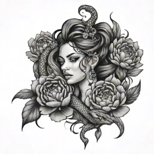 fierce goddess with white eyes and peonies and a snake intertwined within tattoo design idea