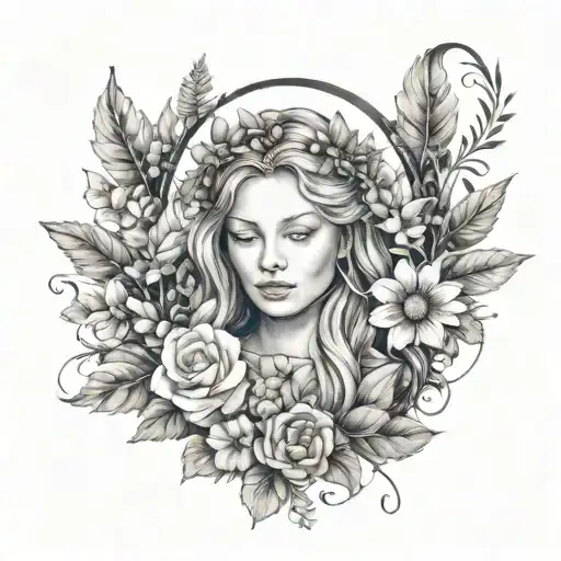 A Virgo maiden surrounded by elements of nature, such as flowers and leaves, representing the client's earth sign and love for nature tattoo design idea