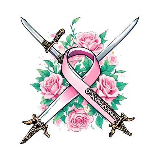 Breast cancer ribbon with a sword going through it with roses surrounding tattoo design idea