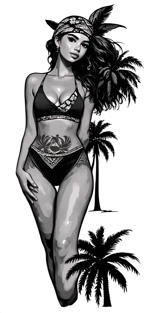 California girl with palm trees and bandana print surrounded tattoo design idea