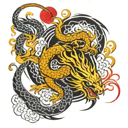 Dragon with suminagashi symmetrical shape tattoo design idea