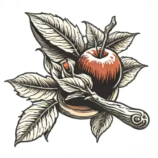 a wooden spoon where the handle turns into an apple tree branch with one apple that is cut in half on it tattoo design idea
