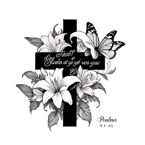 Lillies and roses with butterflies with cross in the middle that's had writing saying psalms 91:05 inside the cross  tattoo design idea