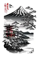 A mountain in the background with a river, sakura and a Japanese tori in the foreground tattoo design idea