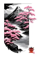 A mountain in the background with a river, sakura and a Japanese tori in the foreground tattoo design idea