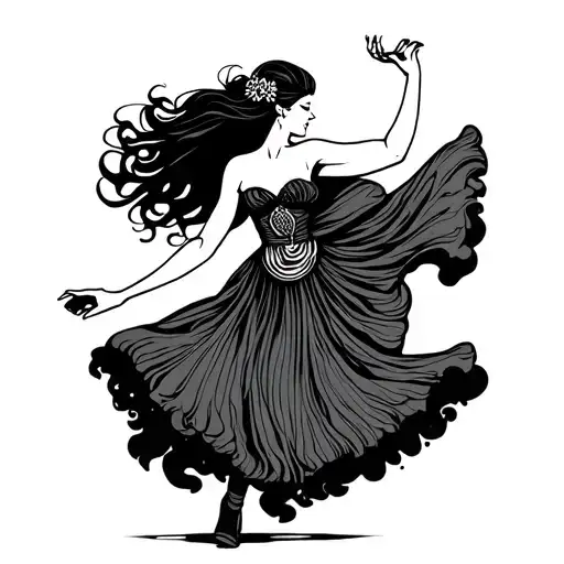 tattoo design style, bold outlines, high contrast, vertical layout A beautiful woman dancing alone in a traditional squa tattoo design idea