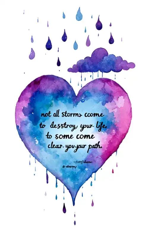 cloud raining on a heart, the quote "not all storms come to destroy your life, some come to clear your path" tattoo design idea