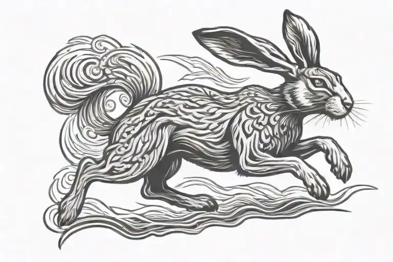hare running woodcut style tattoo design idea