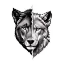split face of half lioness and half she wolf tattoo design idea