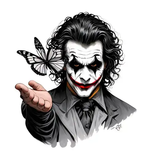 A joker holding a butterfly in his hand tattoo design idea