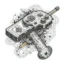 A pixelated gaming controller intertwined with a pool cue, symbolizing the client's love for gaming and pool tattoo design idea