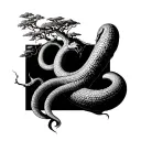 a yew tree of knowledge of good and evil, with the tree trunk being a body of a snake tattoo design idea