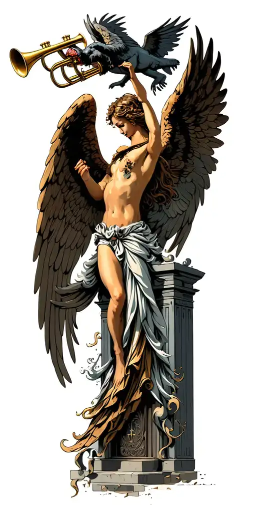 angels fighting demons flying with open wings and heavens gates in background and trumpets playing tattoo design idea