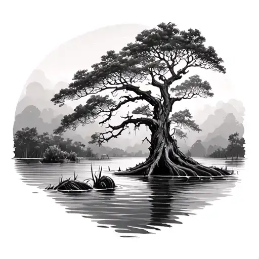swamp cypress tree in water tattoo design idea