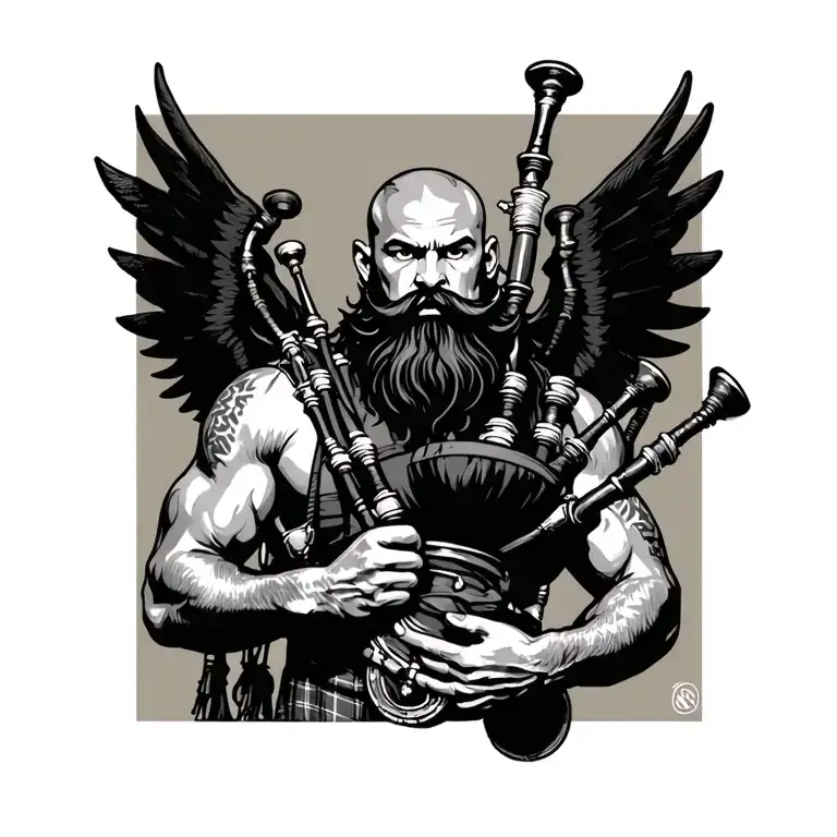 scottish bagpiper bald black beard muscular wearing glengarry pipes in arm big black wings shirtless tattoo tattoo design idea