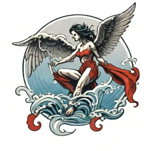 A female angel flying getting pulled down by  a red demon hand gripping an ankle coming out of a blue water ripple. Wing tattoo design idea