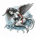 A female angel flying getting pulled down by  a red demon hand gripping an ankle coming out of a blue water ripple. Wing tattoo design idea