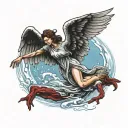 A female angel flying getting pulled down by  a red demon hand gripping an ankle coming out of a blue water ripple. Wing tattoo design idea