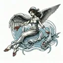 A female angel flying getting pulled down by  a red demon hand gripping an ankle coming out of a blue water ripple. Wing tattoo design idea