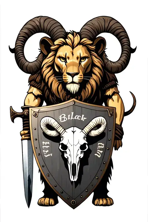 humanoid lion warrior holding a sword and a shield with a ram skull drawn on it and it says the black sheep  tattoo design idea
