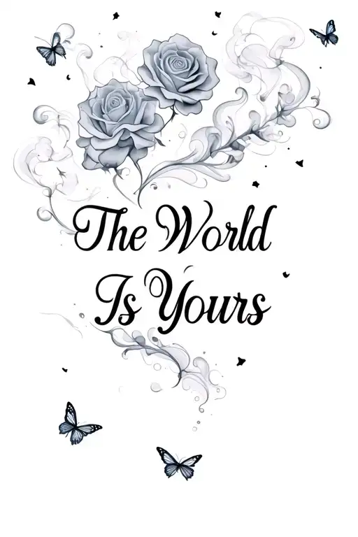 Sleeve tattoo with the “The World Is Yours” in a bold cursive font surrounded in smoke and small buttflies with roses  tattoo design idea