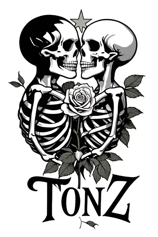 the word 'Tonz' 2 skeletons kissing and Star transforming into a rose tattoo design idea
