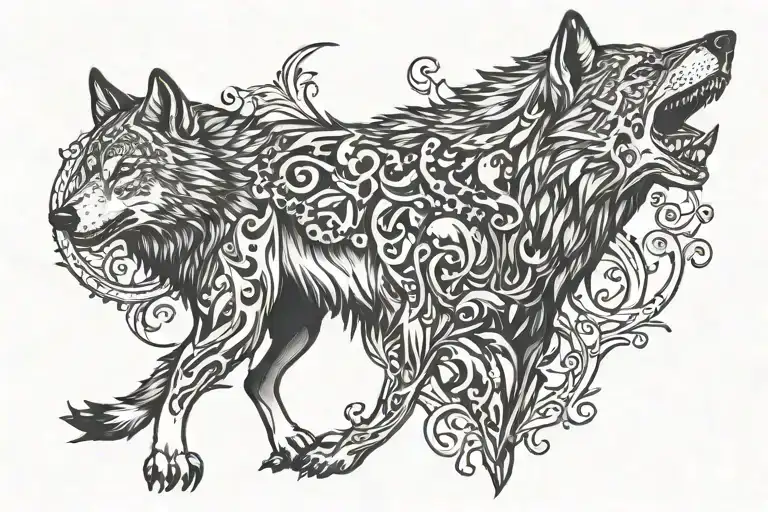 wolf with skulls with shadows tattoo design idea