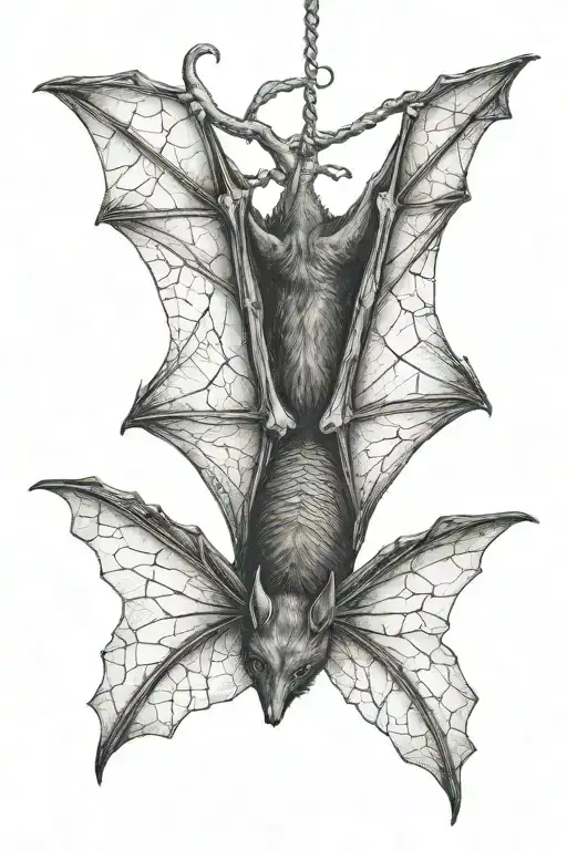 realistic bat hanging upside down, asleep with its wings gently wrapped around its body with the spiral of life tattoo design idea