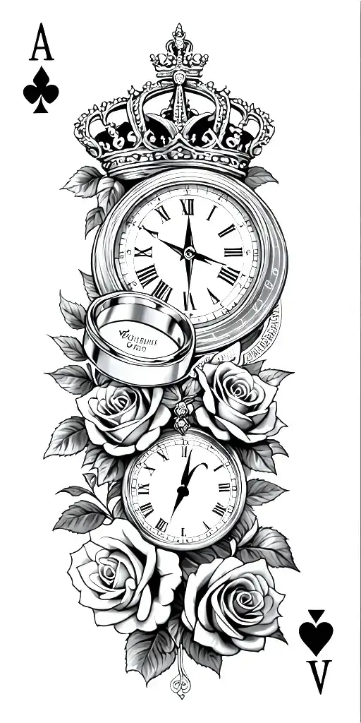 couples portrait, wedding rings, compass, king and queen of hearts cards, roses, clock  tattoo design idea