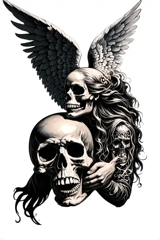 angel holding sad skull face tattoo design idea