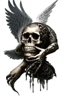 angel holding sad skull face tattoo design idea