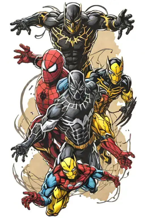 Ironman, Spiderman, black panther and wolverine playing tattoo design idea