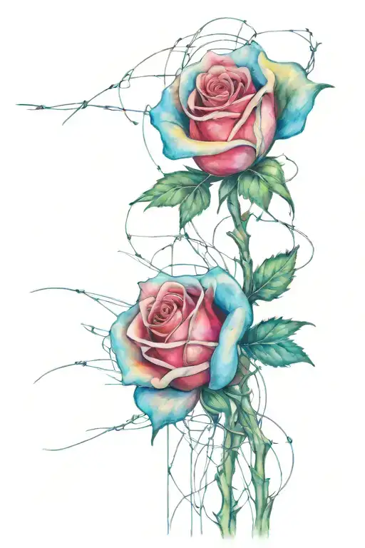 rose intertwined flag waving barb wire wrapped tattoo design idea