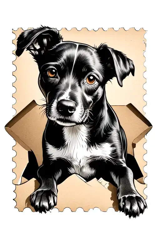 sketch of a dog protruding out of a postal stamp not the envelope.  tattoo design idea