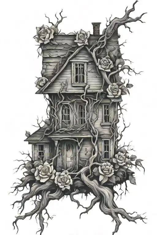 abandoned house covered with roots and roses tattoo design idea