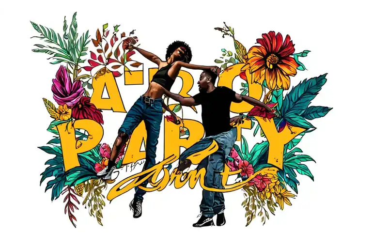 "AFRO PARTY" couple dancing hip hop dancer surrounded tattoo design idea