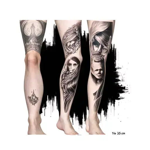 A photorealistic mockup of a left leg tattoo (knee to ankle, 35 cm tall) shown in three views — front, outer side, and b tattoo design idea