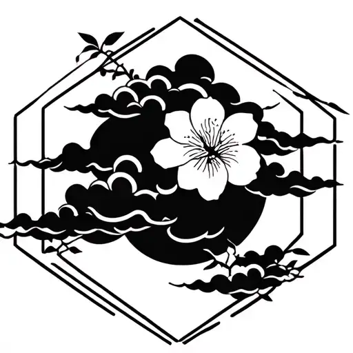 japanese black clouds with cherry flower logo silhouette inside a hexagon tattoo design idea