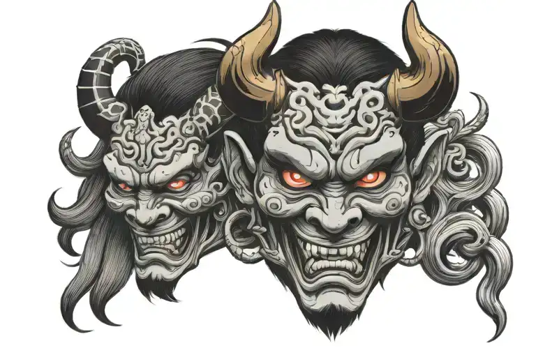 japane wawes and oni demon mask tattoo design idea