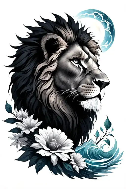 lion mountains flowers ocean heaven and hell tattoo design idea