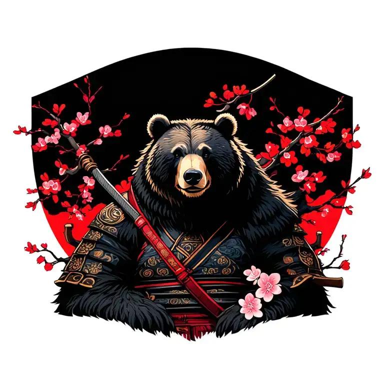 bear samurai surrounded by cherry blossom tree tattoo design idea