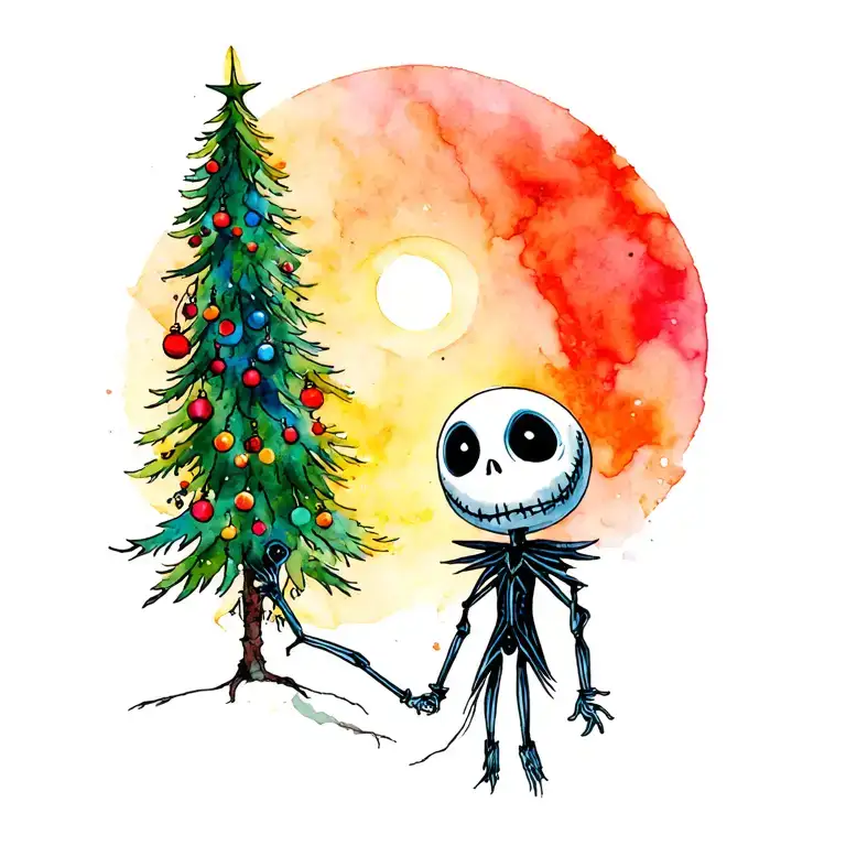 jack and zero from nightmare before Christmas tree tattoo design idea
