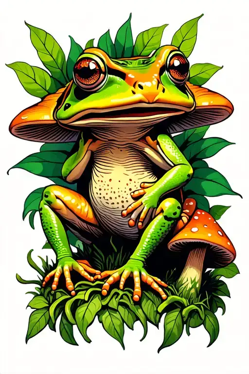 bufo toad sitting on psilocybin mushrooms with ayahuasca vines tattoo design idea