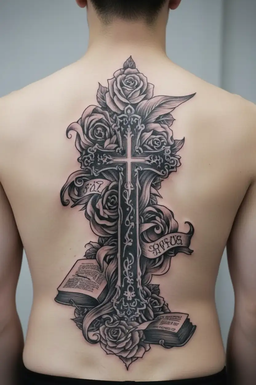 Cross with Bible verse Ephesians 4:2 tattoo design idea