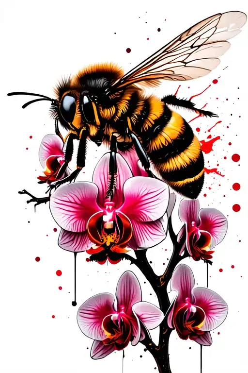 Bee flying to orchids tattoo design idea