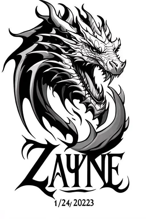 taurus theme dragon flames name zayne roman numeral for his birthday 11/24/2023 tattoo design idea